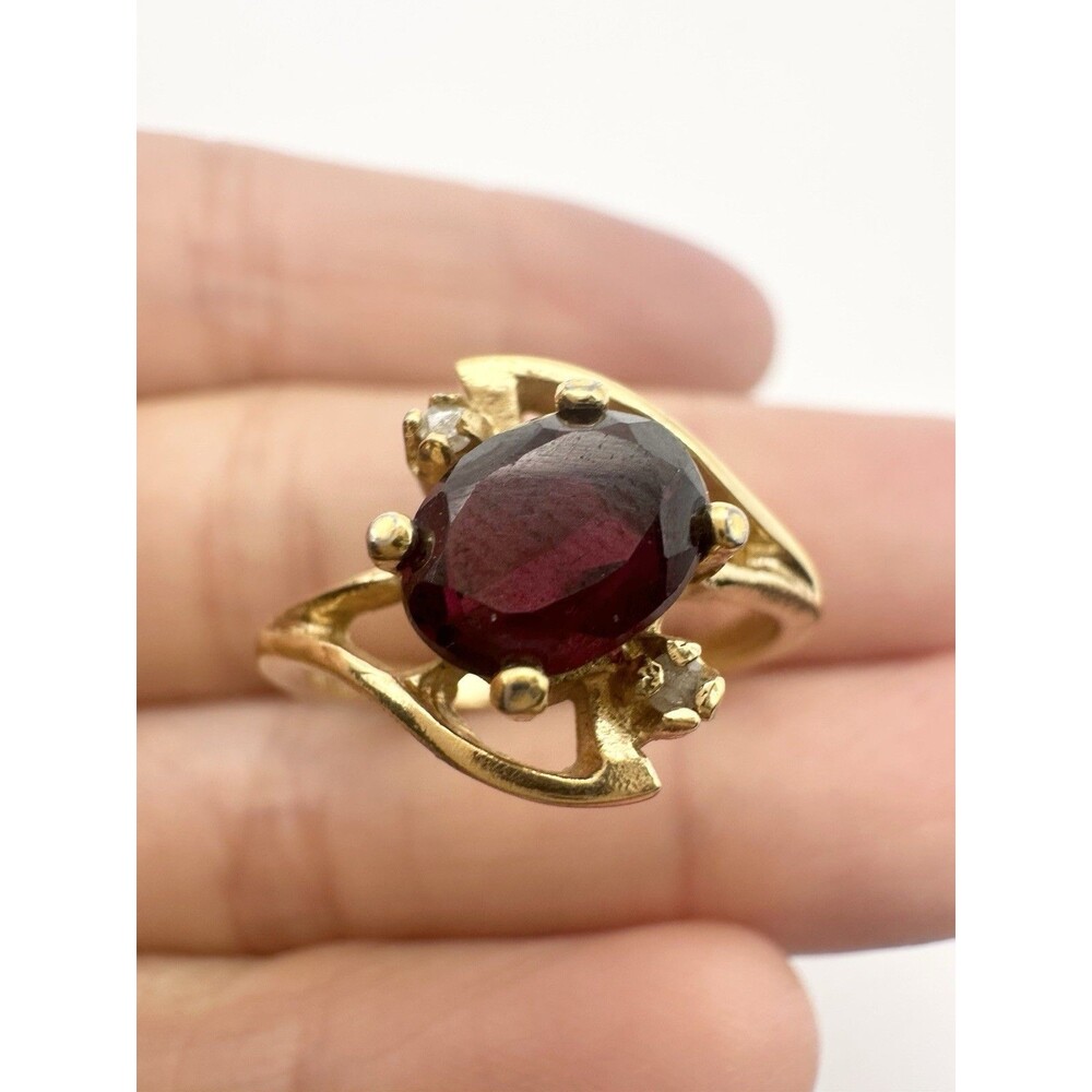 Lind Ring 24K HGE Garnet and Diamond Gold Electroplate Size 7.25